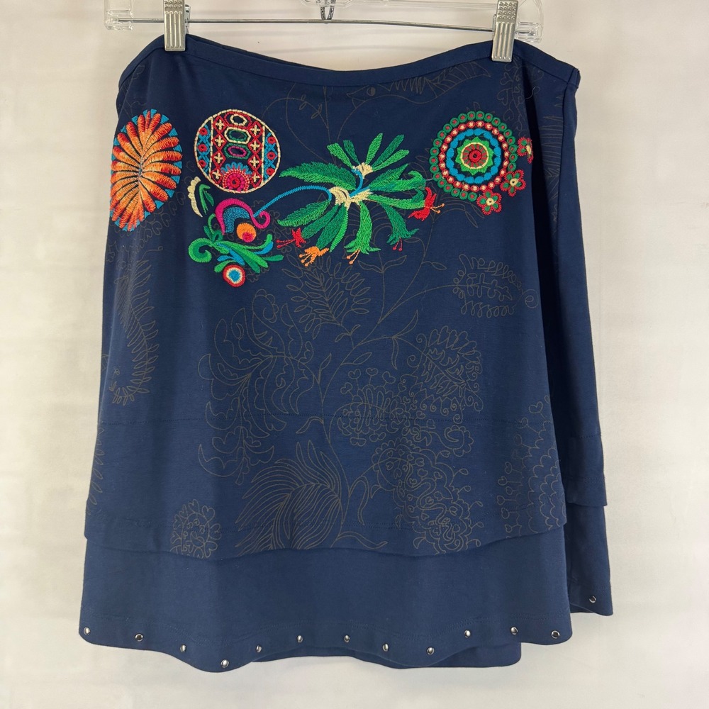 Desigual Navy Embroidered Skirt XXL Boho Floral Circle Motif Stud Hem